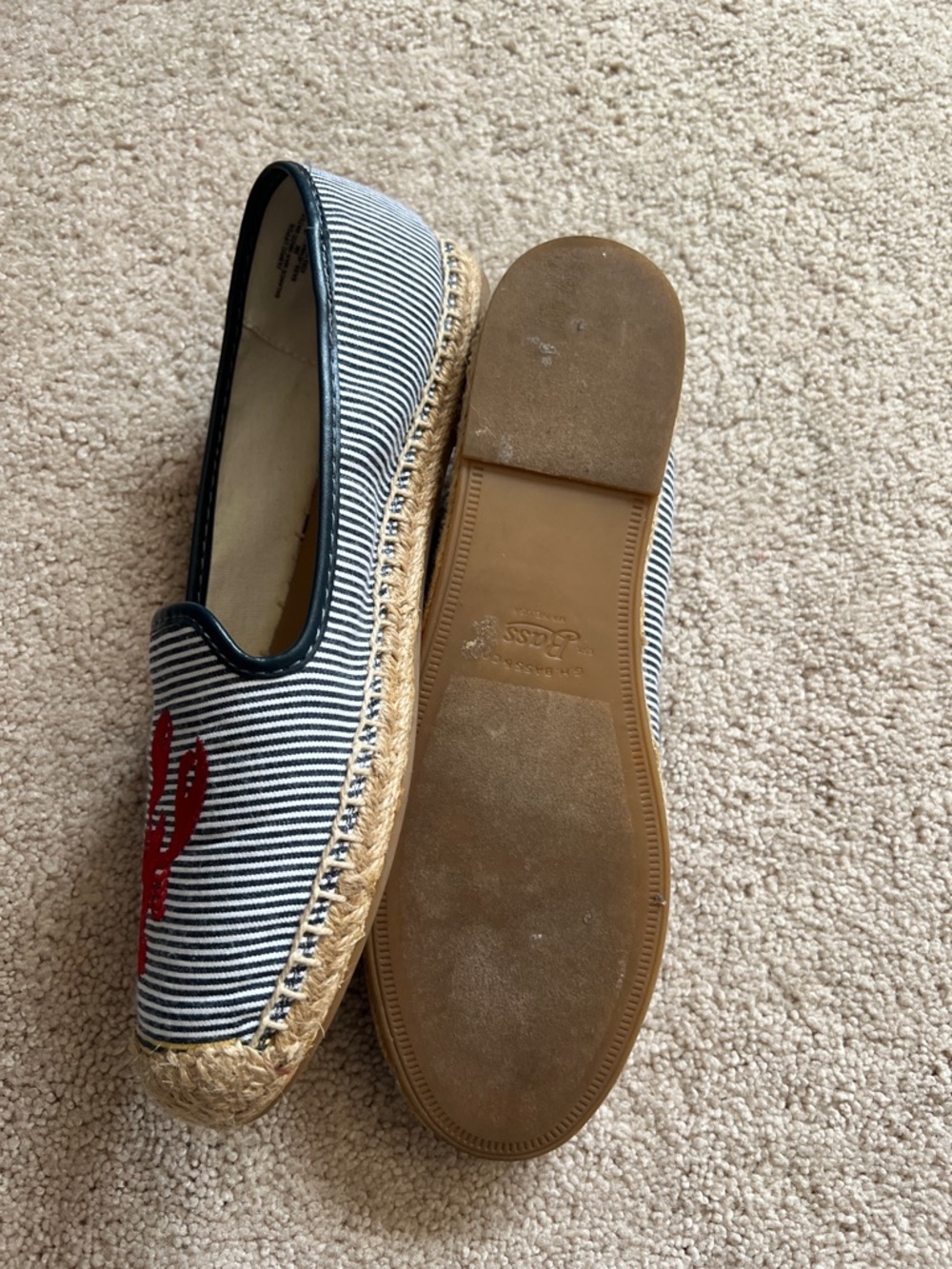 Bass Navy and White Striped Espadrille Flats with Red Lobster Embroidery - Picture 4 of 4
